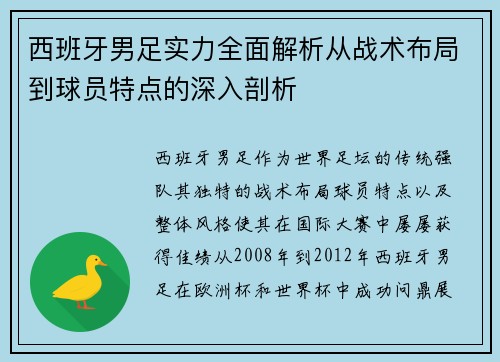 西班牙男足实力全面解析从战术布局到球员特点的深入剖析